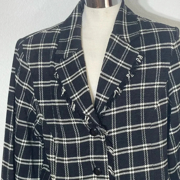 First option black white checkered plaid blazer fringe collared size medium - Picture 2 of 6